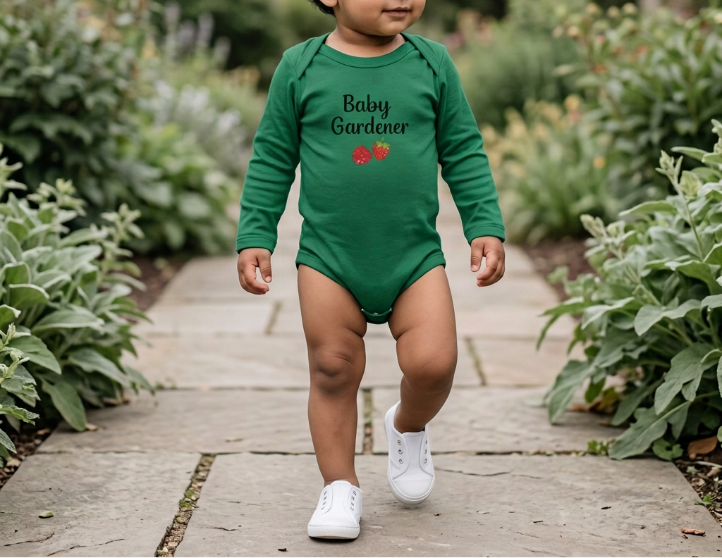 A toddler walking on a stone garden path wearing a green long-sleeve bodysuit with 'Baby Gardener' and tomato graphics, paired with white sneakers.
