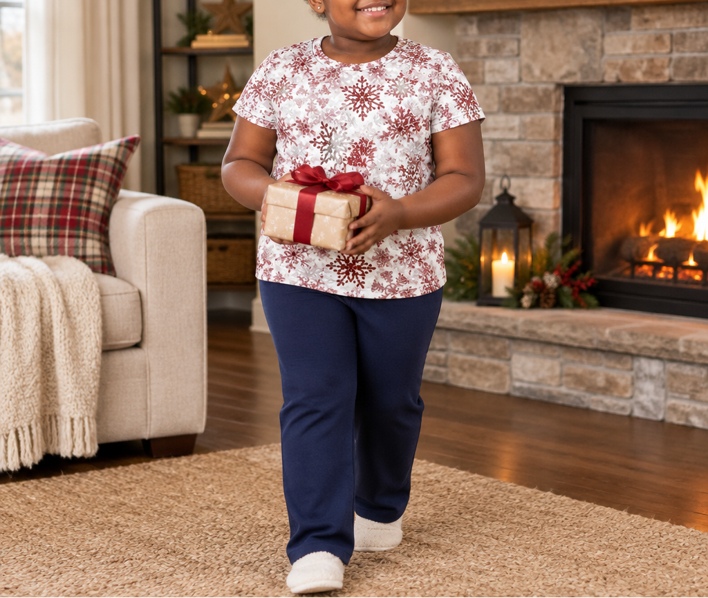 Child wearing Red Snowflake kids pajama top carrying a gift near a fireplace
