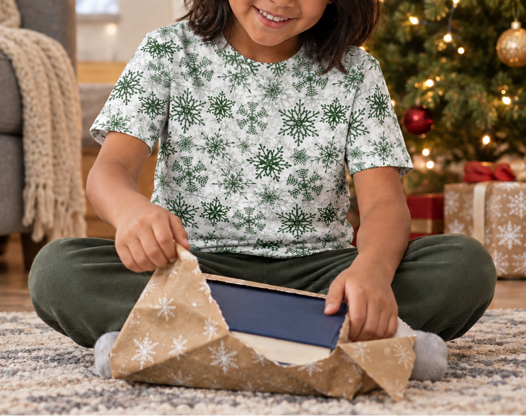 Child wearing green snowflake kids pajama top while opening a gift