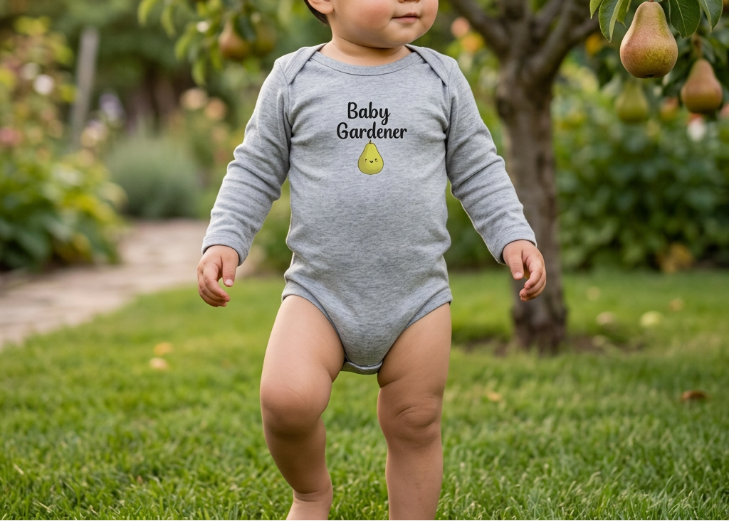 A toddler stands outdoors on grass in front of a pear tree, wearing a light gray long-sleeve bodysuit with the words 'Baby Gardener' and a small pear graphic on the chest.