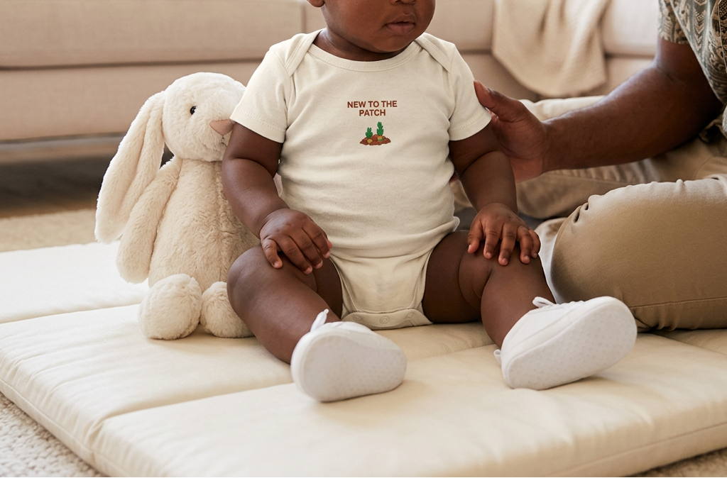 Natural cream Lil Carrot New to the Patch baby onesie lifestyle image