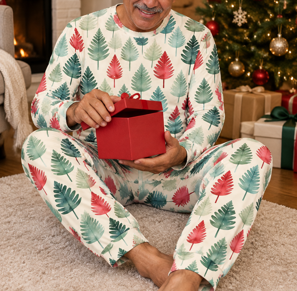 Man wearing Leafy Dream Christmas tree pajamas opening a red gift beside a Christmas tree