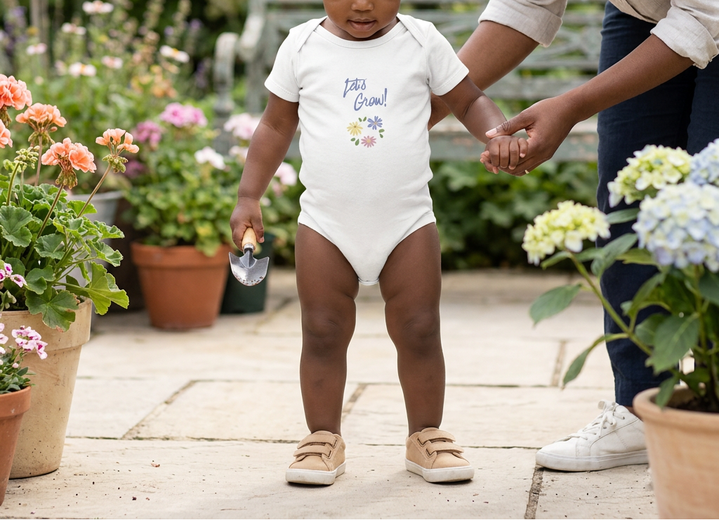White Let's Grow organic cotton baby onesie toddler lifestyle image