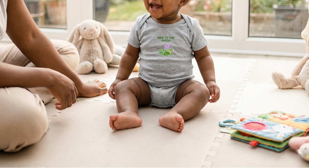 Baby wearing gray New to the Patch flower onesie on an indoor play mat.