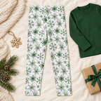 Full-length Green Snowflake kids leggings flat lay with a plain green top and winter accessories; top sold separately