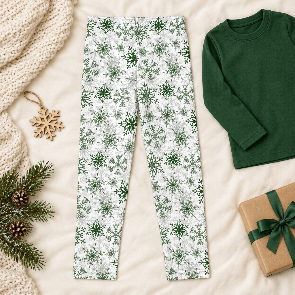 Full-length Green Snowflake kids leggings flat lay with a plain green top and winter accessories; top sold separately