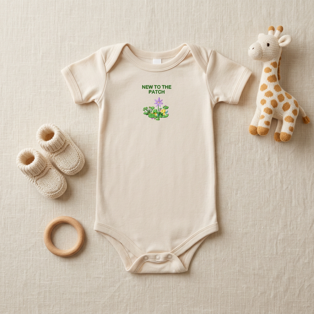 Cream New to the Patch flower baby onesie styled with baby accessories.