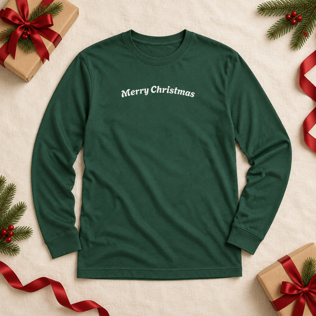 Forest green Merry Christmas long sleeve tee flat lay with wrapped gifts and red ribbon