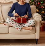 White woman wearing the Blue Christmas women’s pajama pants while opening a holiday gift beside a Christmas tree