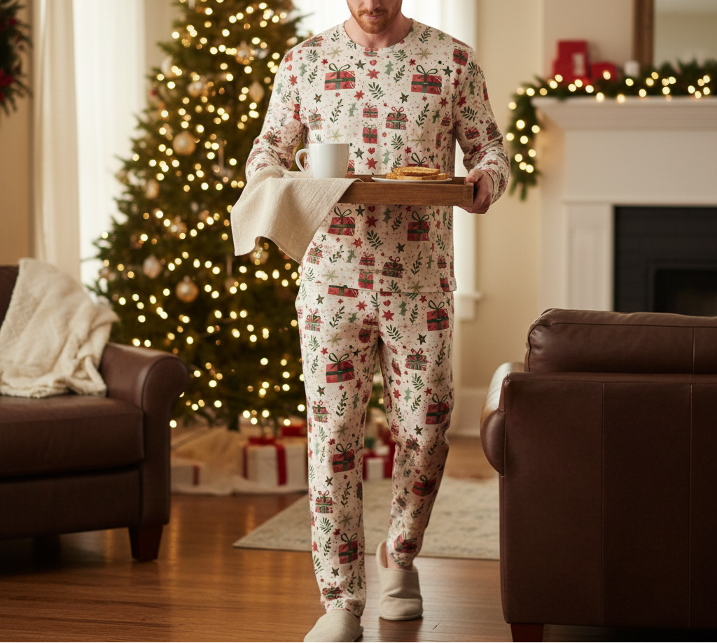 Red-haired man wearing Christmas Present pajamas while carrying a holiday breakfast tray
