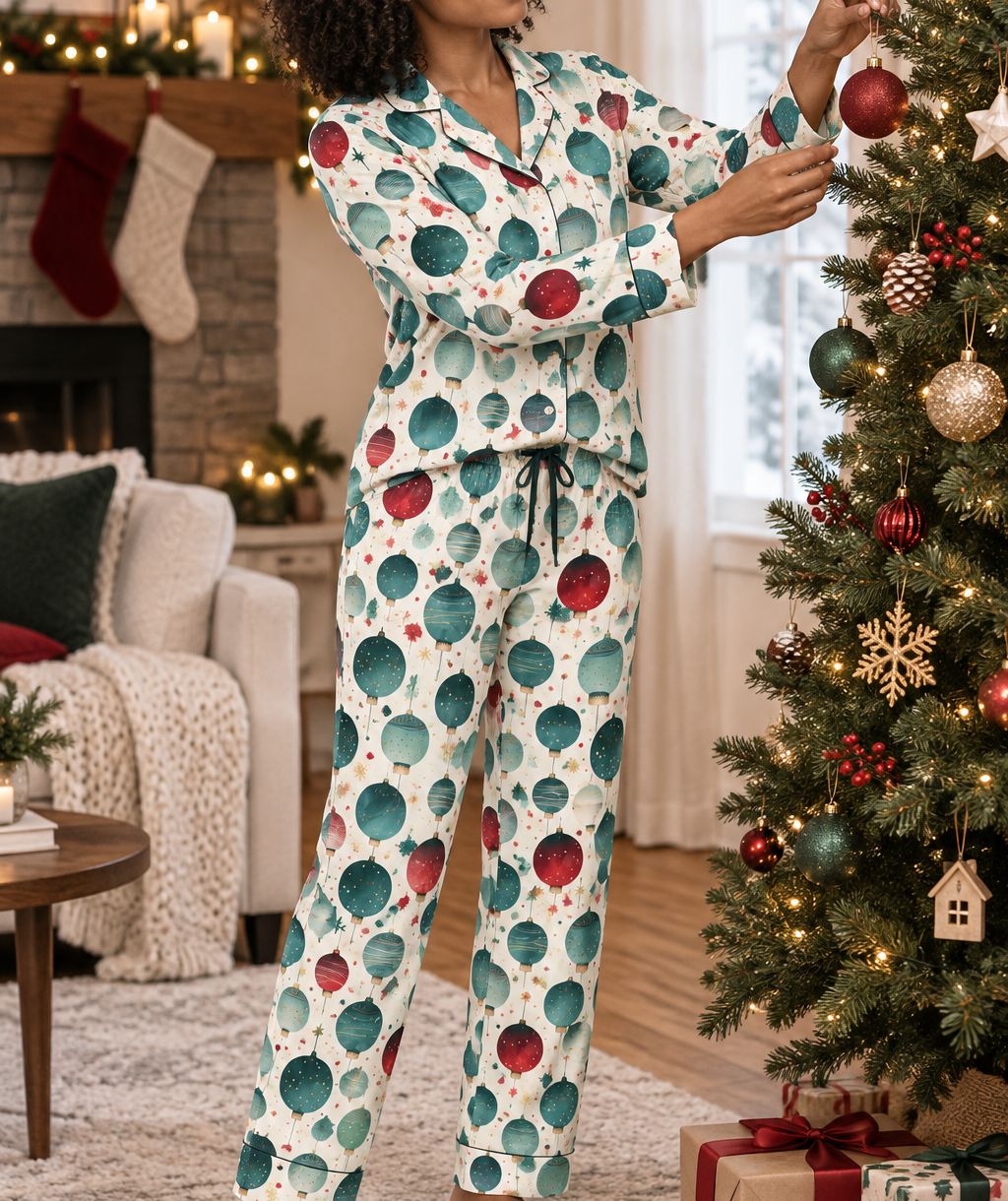 Woman wearing matching ornament print button down pajamas while decorating a Christmas tree