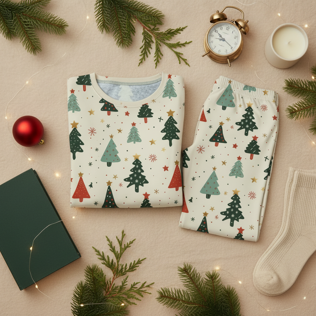 Folded Blue Christmas all-over print men’s pajama top and pocketless pants with a book, alarm clock, candle, socks, ornament, evergreen, and warm lights