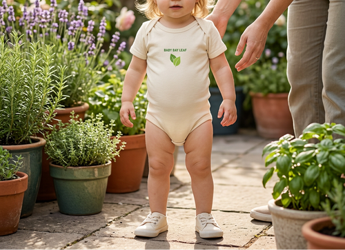 Organic Natural Baby Bay Leaf cotton baby onesie terrace lifestyle image