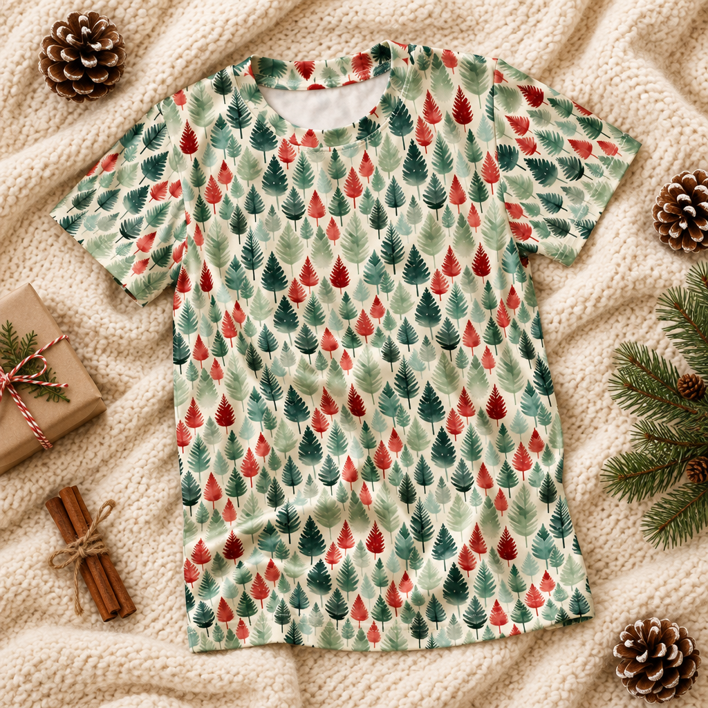 Leafy Dreams kids pajama top folded on a knit blanket with pinecones and a gift