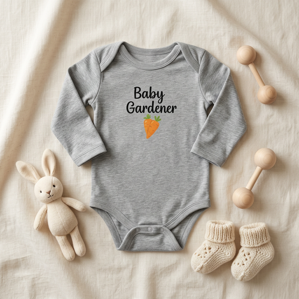 A heather gray long-sleeve baby bodysuit with 'Baby Gardener' and a carrot graphic printed on the chest, styled in a flat lay on a cream fabric background with a plush bunny, cream knit booties, and wooden baby toys.