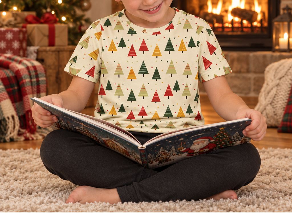 Child wearing Spring Christmas kids pajama top while reading by the fireplace