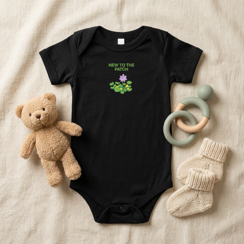 Black New to the Patch flower baby onesie styled with baby accessories.