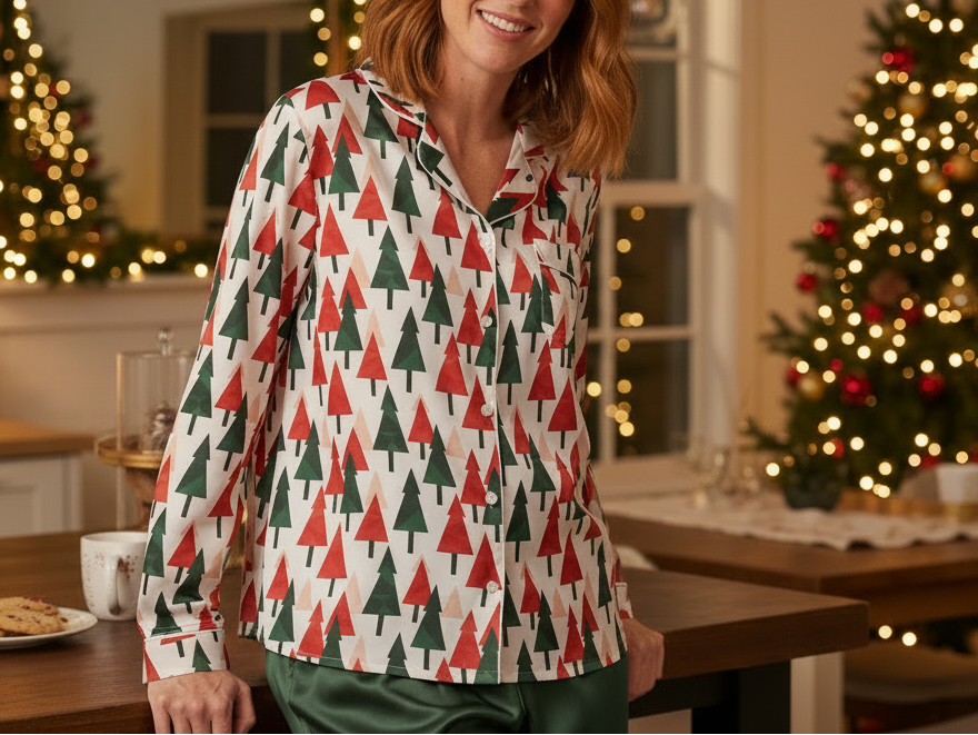 White woman wearing a Christmas tree pajama top with navy pants in a holiday kitchen and dining area