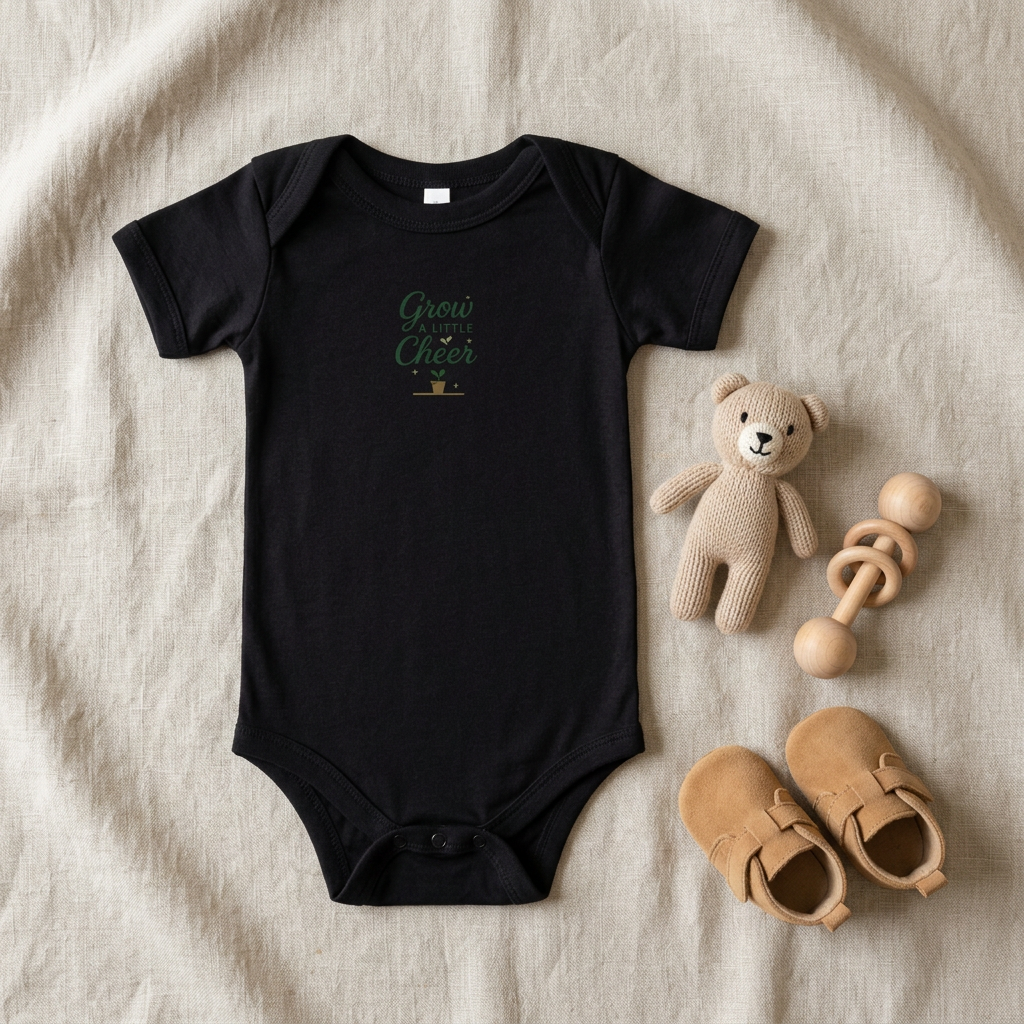 Black Grow a Little Cheer baby onesie accessory flat lay