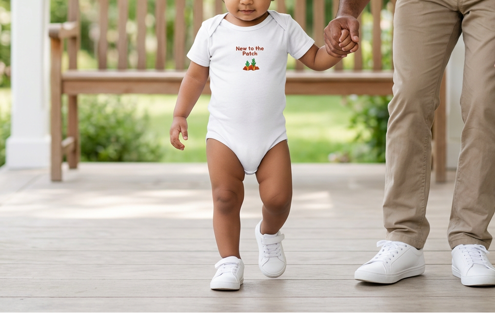 White Lil Carrot New to the Patch onesie lifestyle image