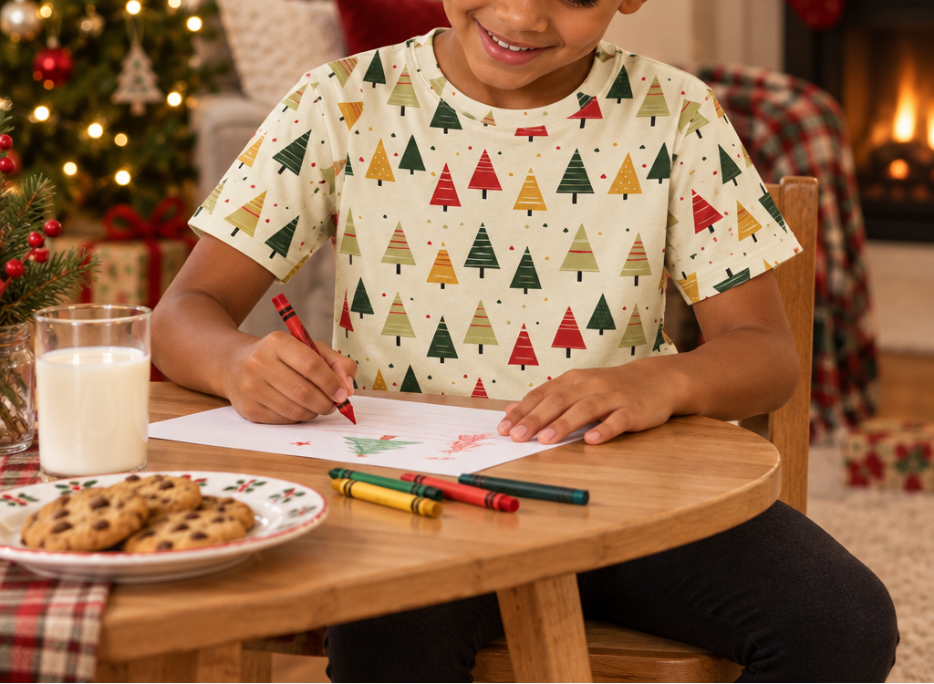 Child wearing Spring Christmas kids pajama top while writing a letter to Santa