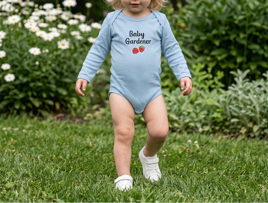 A toddler girl walking on a grassy lawn wearing a light blue long-sleeve bodysuit with 'Baby Gardener' and a small strawberry graphic printed on the chest.