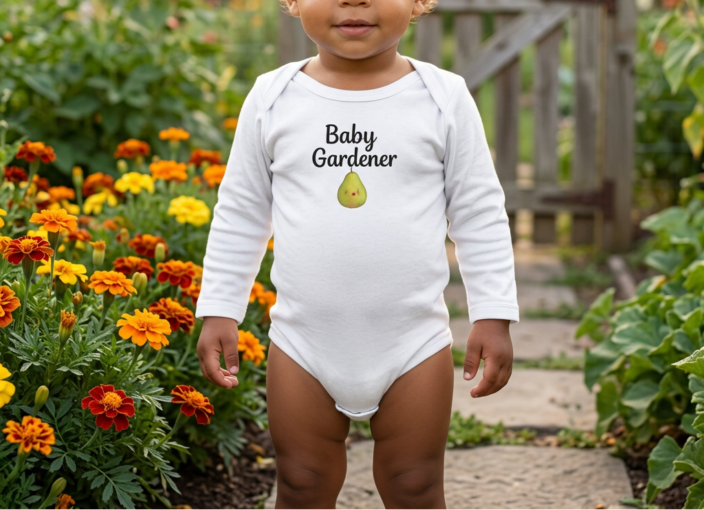 A toddler stands in a garden wearing a white long-sleeve bodysuit with the text 'Baby Gardener' and a small pear graphic on the chest. The background shows colorful flowers, green plants, and a wooden fence.