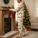 South Asian man wearing Spring Christmas tree-print men’s pajamas with same-print fitted cuffs while hanging a stocking