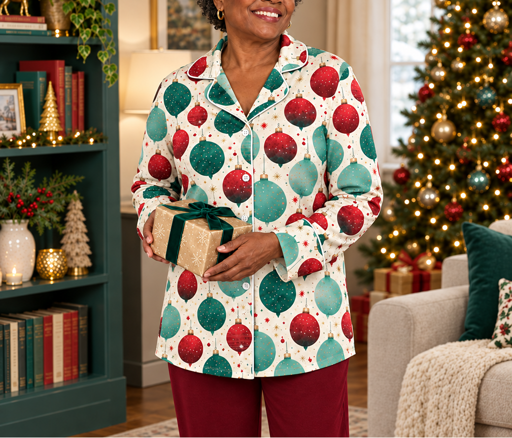 Holiday pajama top with burgundy red pants holding present