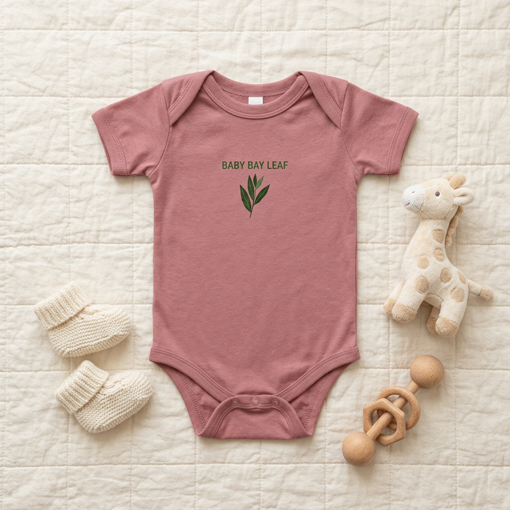 Heather mauve Baby Bay Leaf onesie styled as a flat lay with baby accessories.