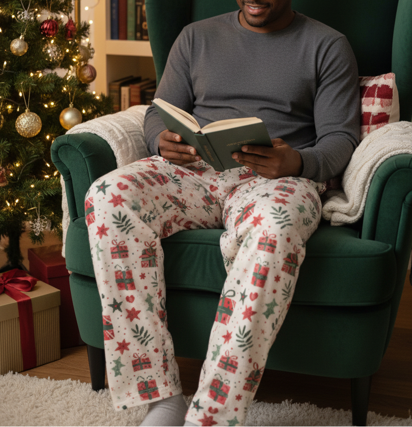 Mixed race man wearing Christmas Present men’s pajama pants with a solid charcoal shirt in a reading nook