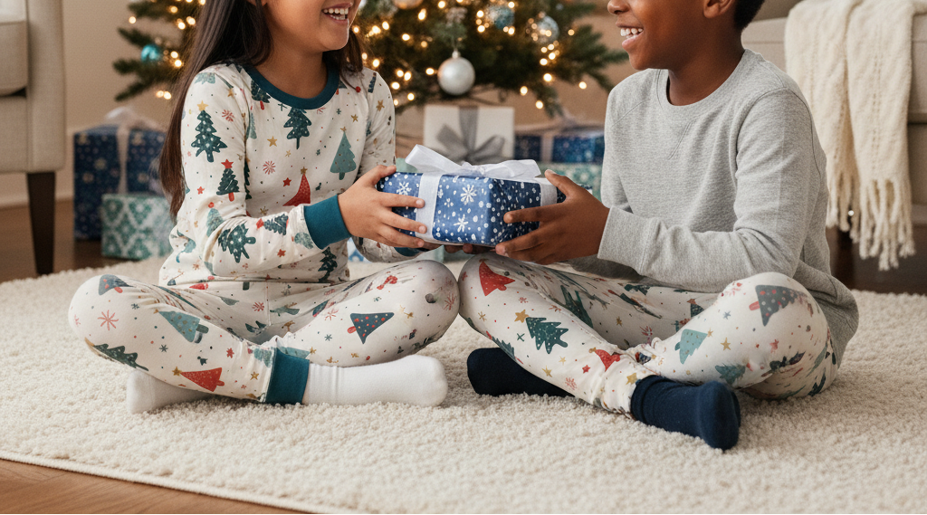 Two children with different skin tones wearing blue Christmas leggings in a cozy indoor Christmas scene
