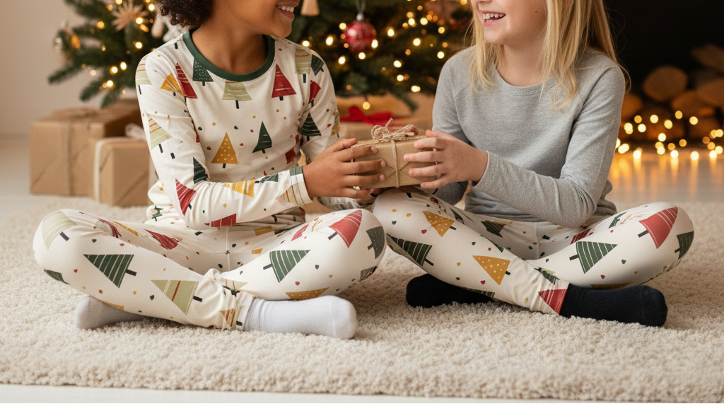 Two children with different skin tones wearing Spring Christmas leggings in a cozy indoor Christmas scene
