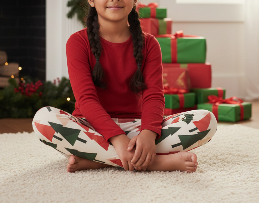 South Asian child wearing Christmas tree leggings with a red top in an indoor Christmas playroom