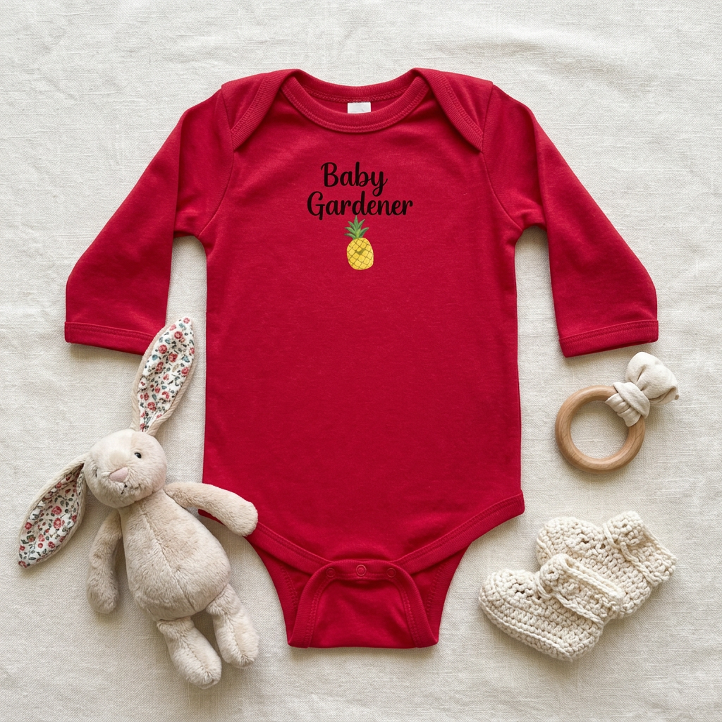 Red Pineapple onesie flat lay