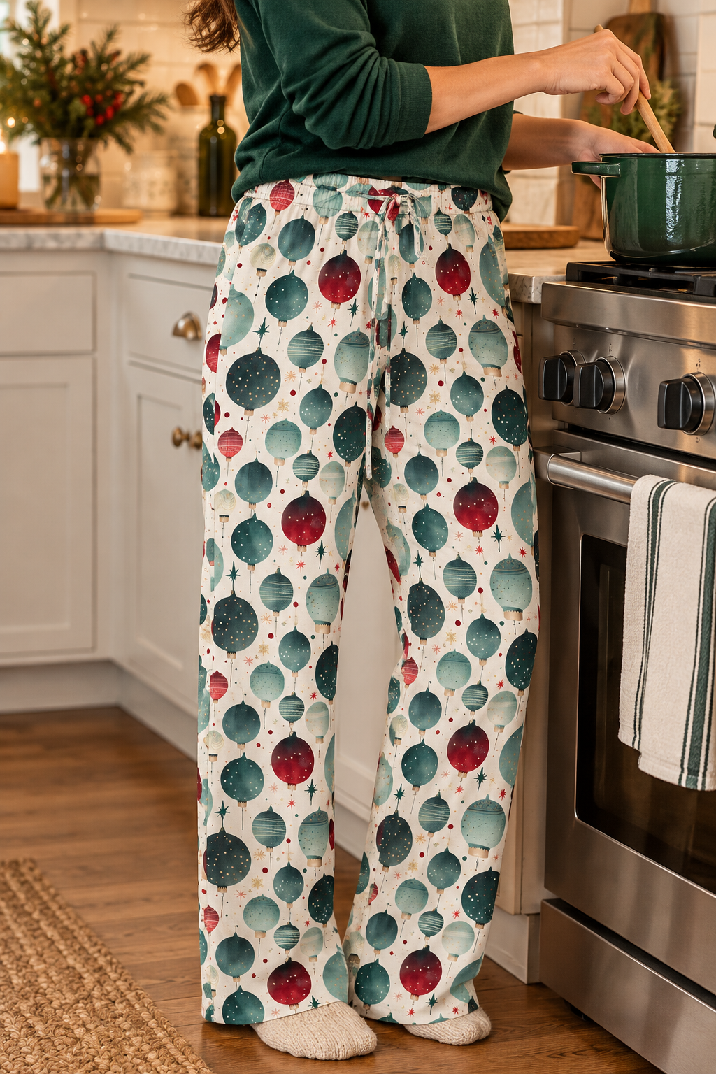 Holiday pajama pants close-up while stirring a pot in the kitchen, cozy socks visible