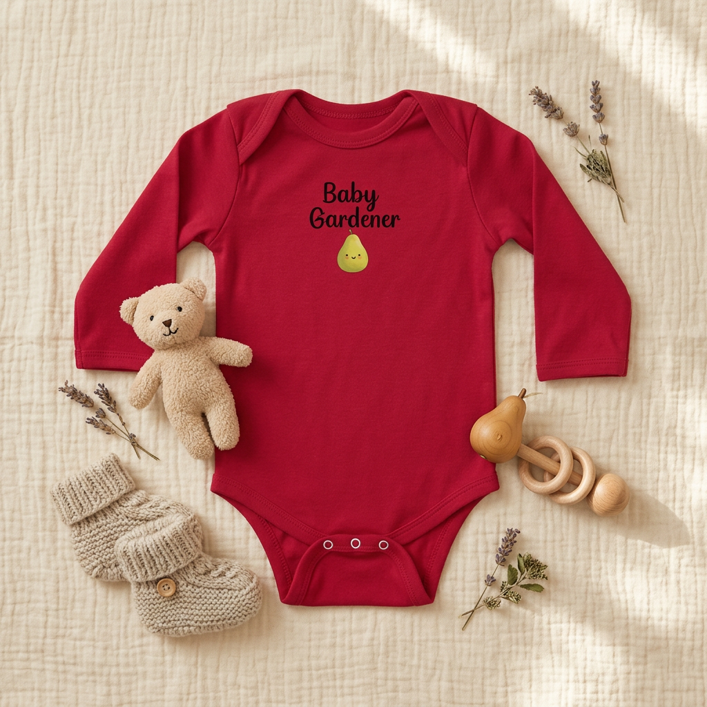 Red Pear onesie flat lay