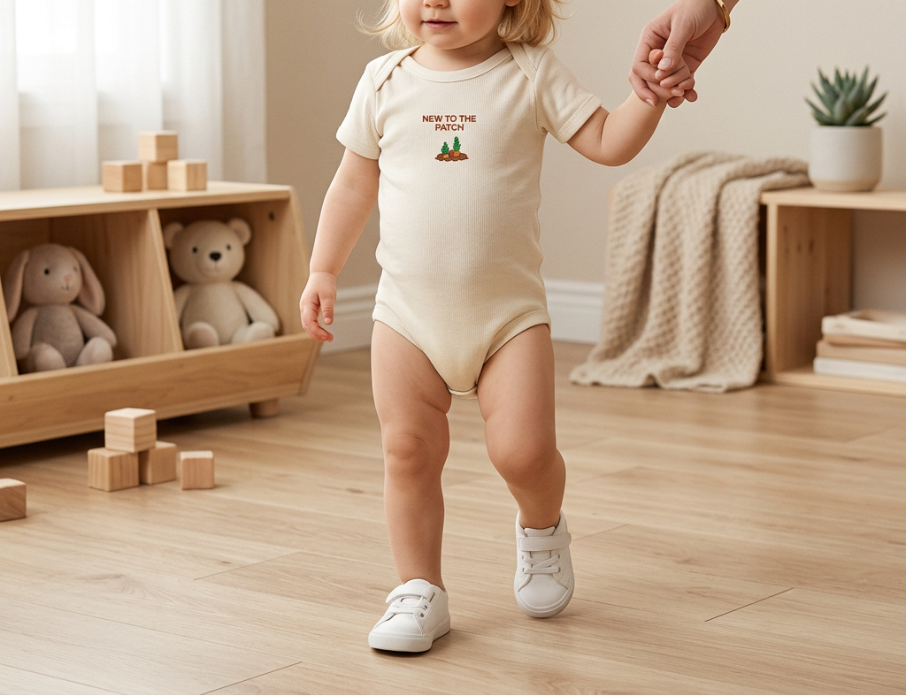 Natural cream Lil Carrot New to the Patch onesie lifestyle image