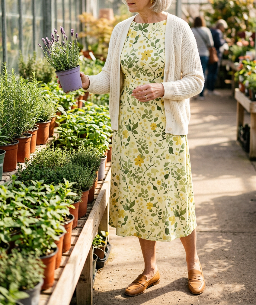 Yellow floral midi dress with an ivory cardigan at a plant nursery