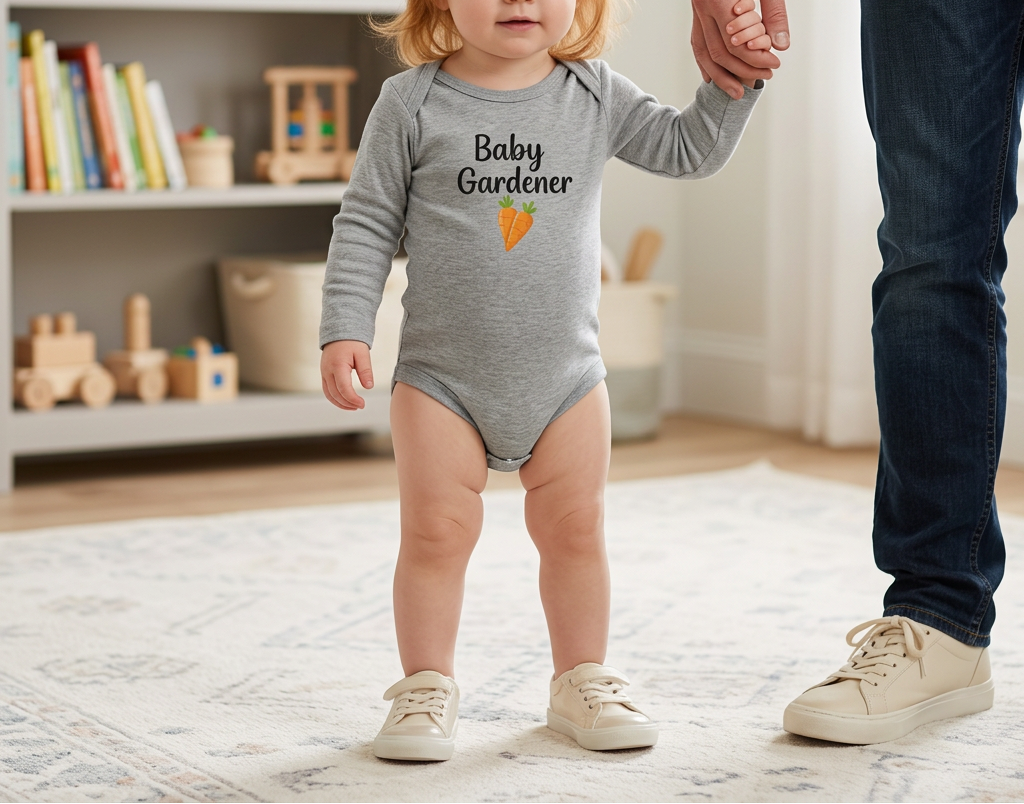 A toddler girl wearing a gray long-sleeve bodysuit with 'Baby Gardener' and a carrot graphic stands on a rug holding an adult's hand in a bright nursery setting.