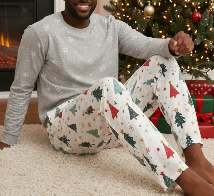 Black man wearing the Blue Christmas Tree men’s pajama pants fully covered in a Christmas living room