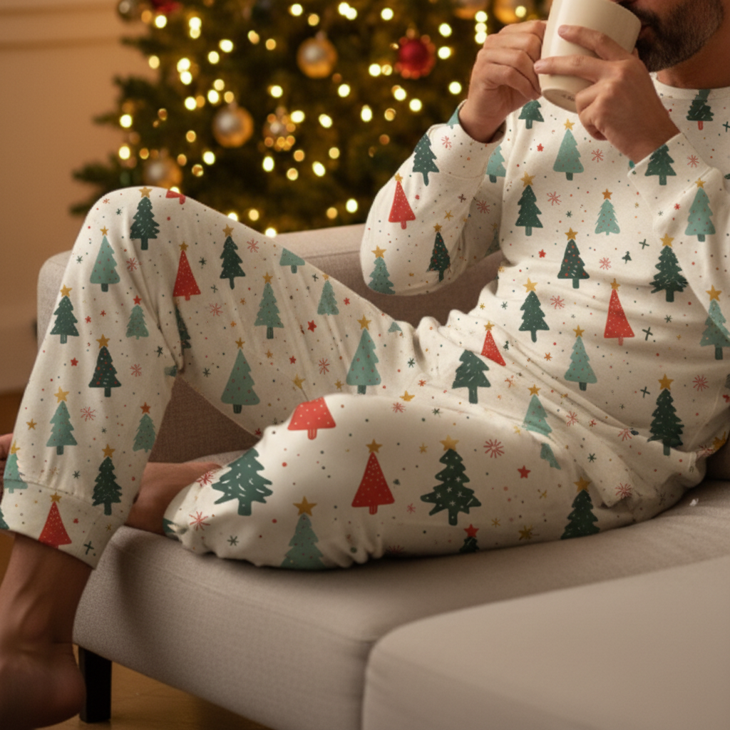 Man wearing color-correct Blue Christmas pajamas with same-print cuffs while relaxing with cocoa