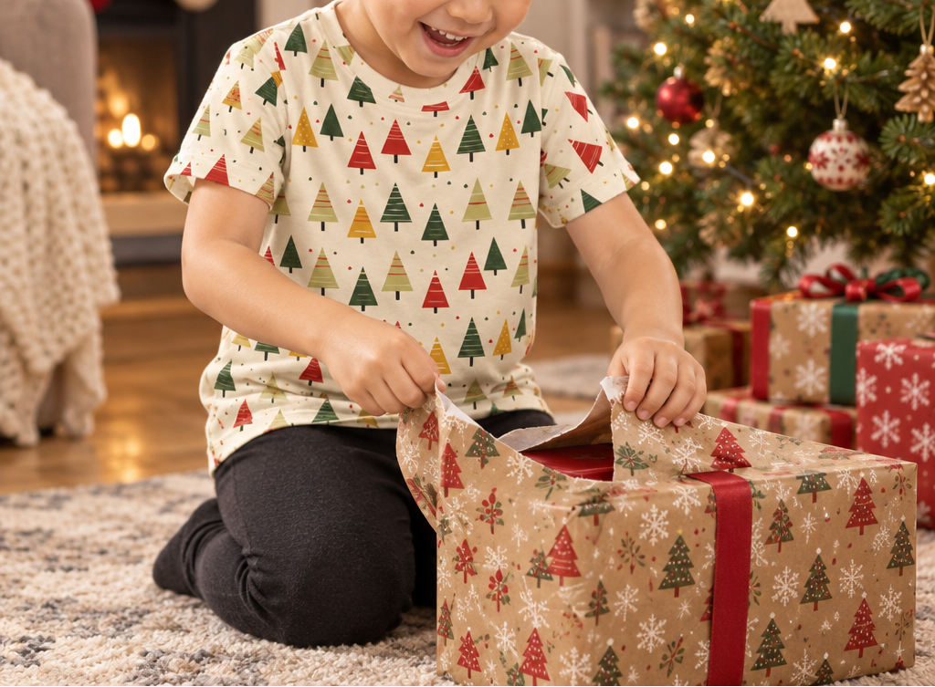 Child wearing Spring Christmas kids pajama top while opening a present on Christmas morning