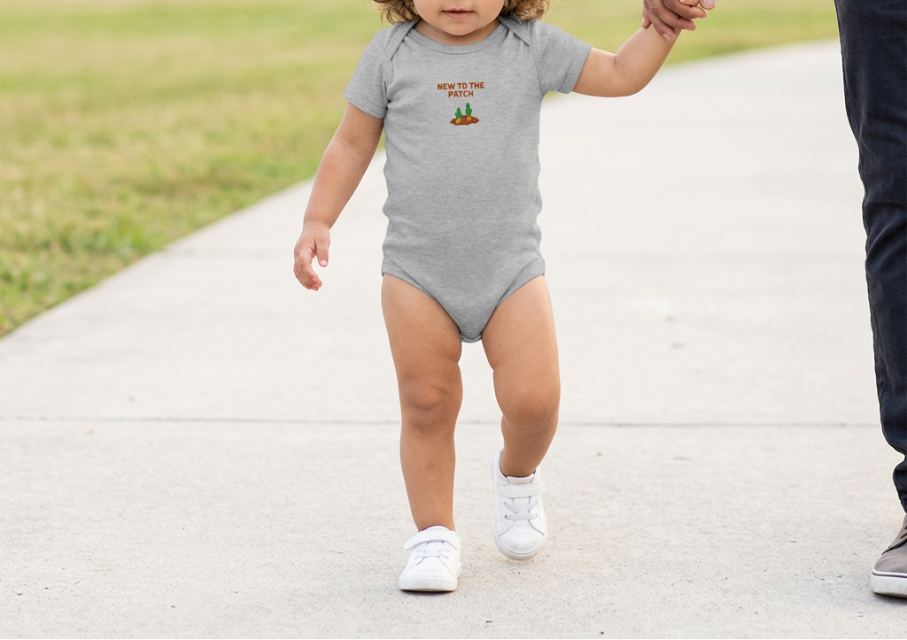 Gray Lil Carrot New to the Patch onesie lifestyle image