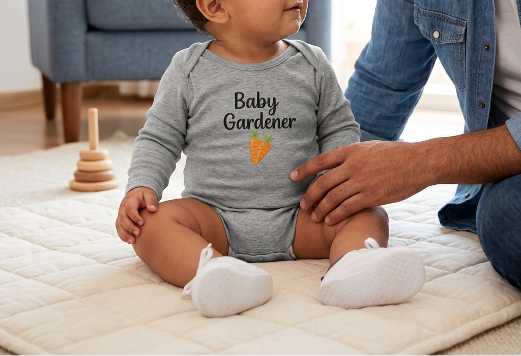 A baby wearing a heather gray long-sleeve bodysuit with 'Baby Gardener' and a carrot graphic, sitting on a cream quilted mat with a man in a denim shirt next to them in a bright nursery.