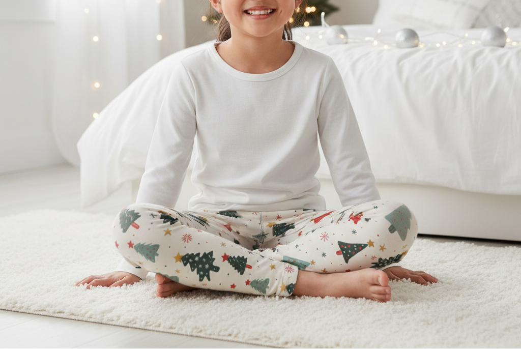 East Asian child wearing blue Christmas leggings in a bright holiday bedroom