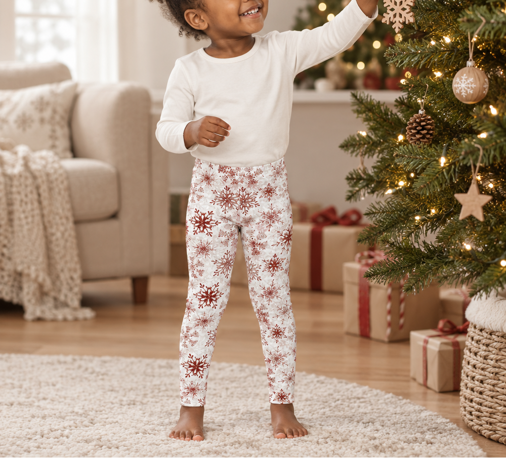 Toddler wearing Red Snowflake kid pajama leggings decorating a Christmas tree