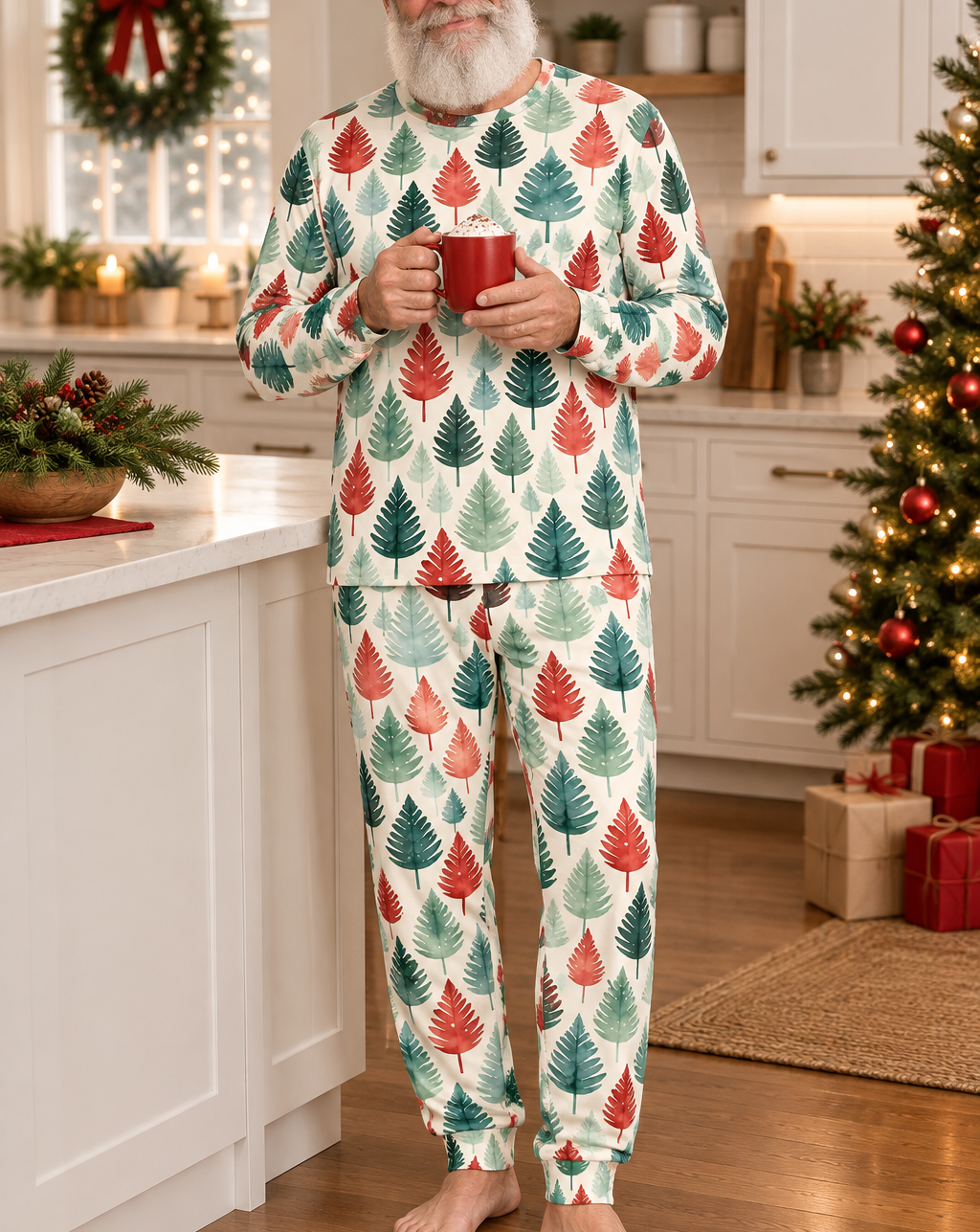 Older man wearing Leafy Dream Christmas tree pajamas holding cocoa in a holiday kitchen