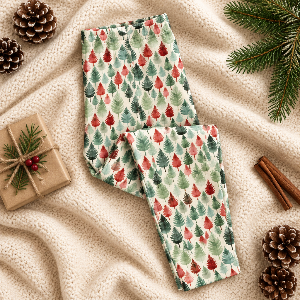 Leafy Dreams kids leggings folded on a knit blanket with pinecones and a gift