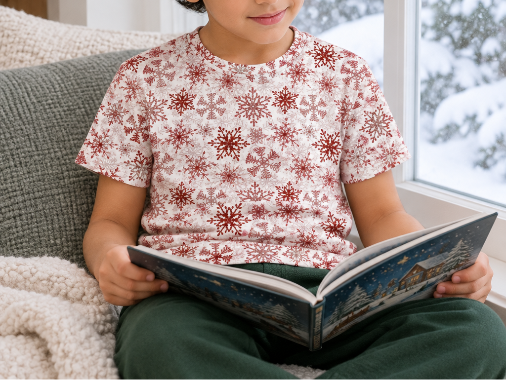 Child wearing Red Snowflake kids pajama top reading by a snowy window